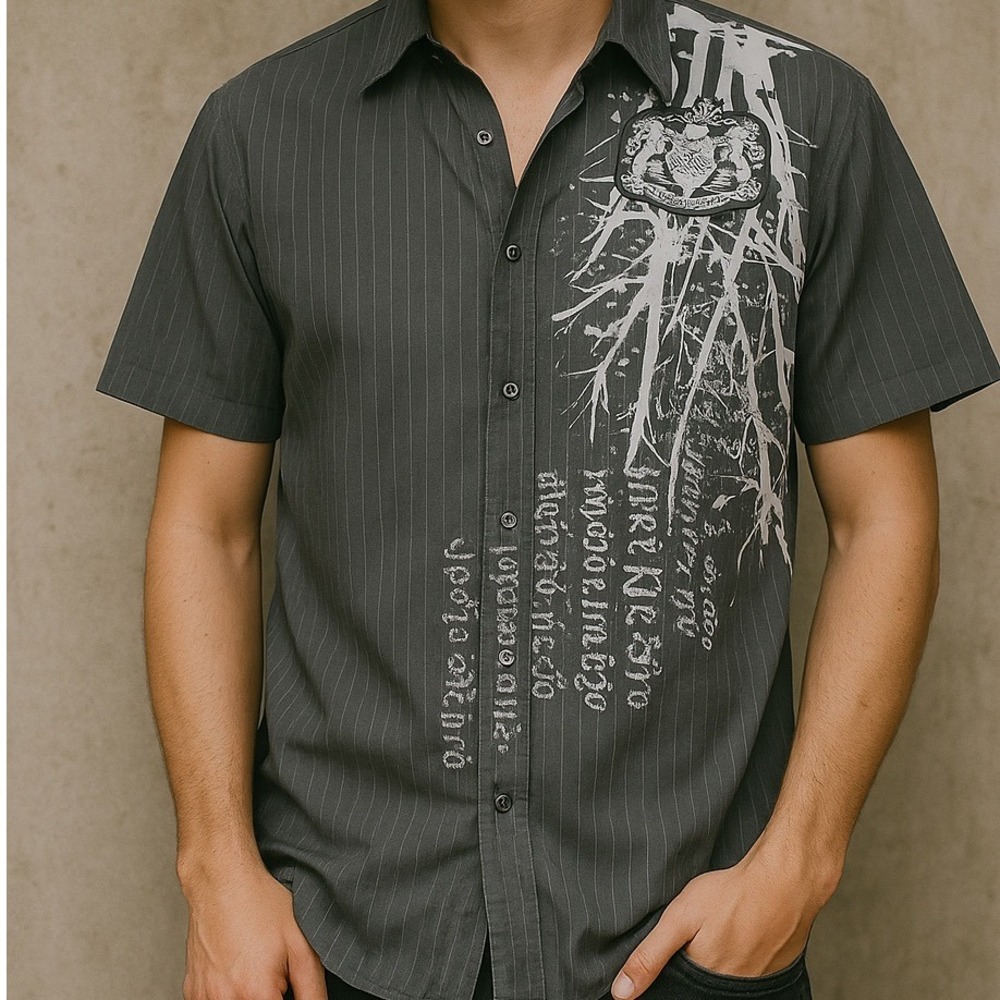 VTG Raw‎ Blue Button Up Shirt Graphic Print Short Sleeve Casual Top Mens Size M